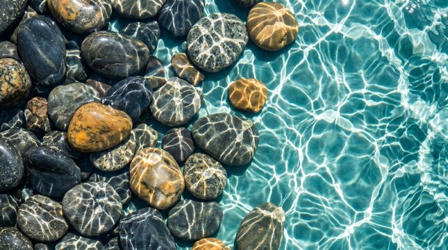 Smooth, rounded stones of varying colors black, gray, beige, and brown rest in clear turquoise water. Sunlight creates shimmering ripple patterns across their surfaces.