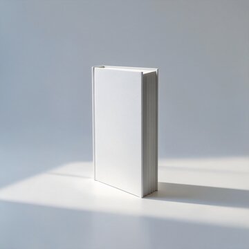 A blank, hardcover book stands ready for inscription, its stark white cover illuminated by the interplay of light and shadow, suggesting untold stories and creative potential.