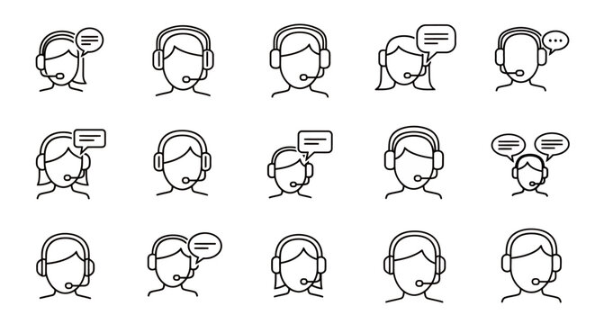Collection of outline avatars wearing headsets showing various communication expressions.