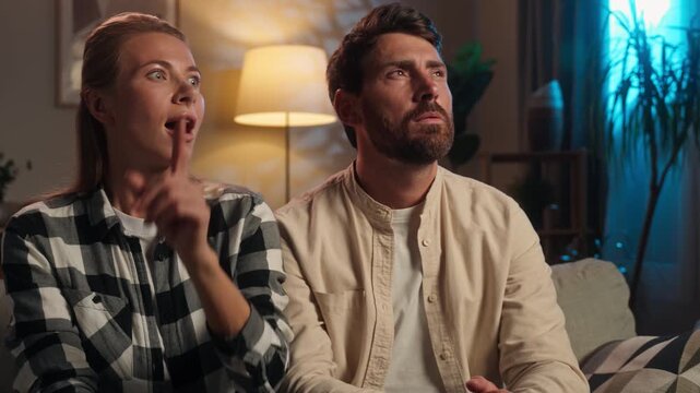 Thoughtful Caucasian middle-aged couple family thinking searching solution coming up with idea happy smiling in evening home pensive spouses woman with man husband with wife think find answer smile
