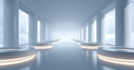 Fototapeta premium Futuristic empty corridor with large white columns and illuminated circular platforms in a bright, misty environment