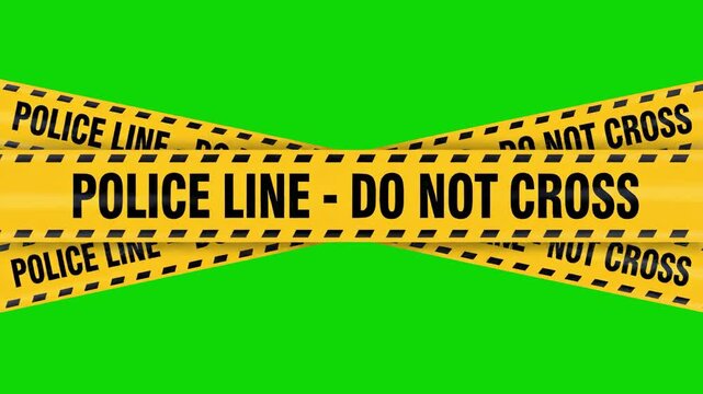 Animated yellow warning caution tapes with "POLICE LINE - DO NOT CROSS" text crossing each other on a chroma key green background. Ideal video editing asset for crime news, true crime documentaries, a