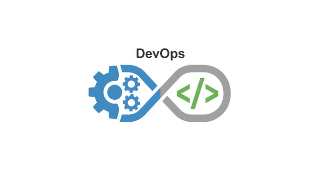 devops icon with gears and code brackets on white background