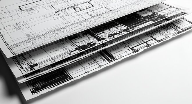 Architectural Blueprints Stacked, Technical Drawings, Construction Plans, Engineering Design