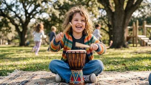 Happy child with curly hair enthusiastically playing a djembe drum outdoors