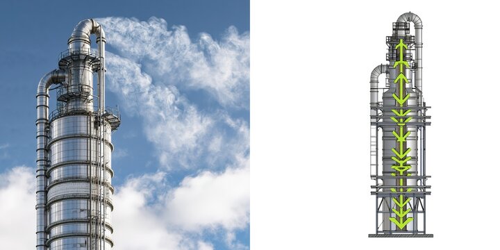 Industrial Chimney with Steam Emission and Detailed Schematic Diagram