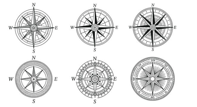Collection of vintage nautical compass illustrations with detailed direction markers and intricate designs for maritime themes.