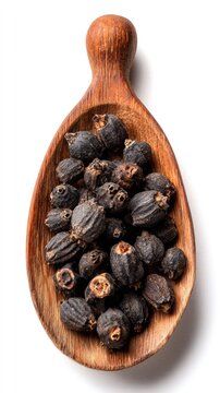 Dried gokhuru tribulus terrestris fruits in wooden spoon on white