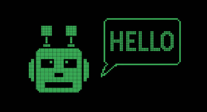 Retro green robot illustration saying hello, vintage tech toy with digital style on black background.