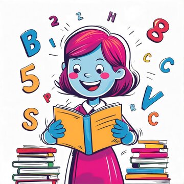 A cheerful girl engrossed in reading a book, surrounded by floating letters and numbers. She is smiling brightly, with stacks of books beside her, suggesting a love for learning