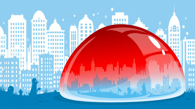 Illustration of a red jelly dome engulfing a city skyline with climate change, disaster
