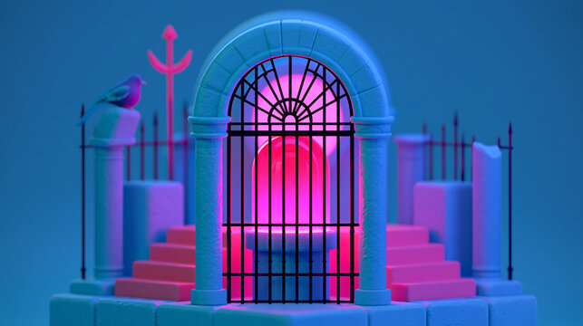 Fantasy throne behind bars with glowing pink interior and blue lights, royal seat