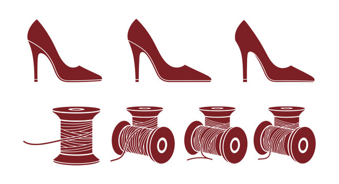 Red high-heeled shoes and spools of thread, sewing and fashion icons, isolated on white background.