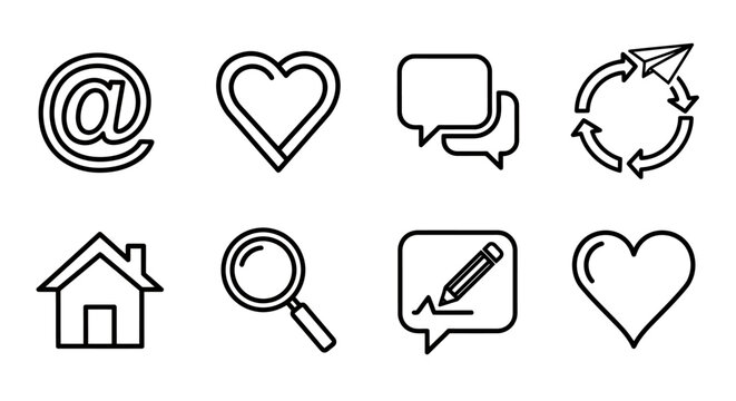 Minimal black and white outline icon set featuring heart, chat bubbles, home, magnifier, pencil, and refresh symbols.