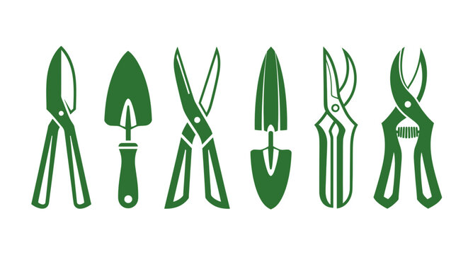 Collection of gardening tools icons including pruners and trowels in green on white background