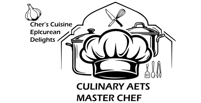 Chef hat and culinary tools logo design, restaurant master chef silhouette with kitchen utensils and cookware vector illustration.