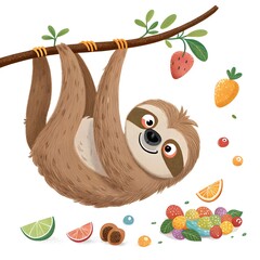 Fototapeta premium Playful sloth hanging from a branch with assorted fruits and sweets hanging upside down tree branch citrus fruit