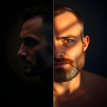 "Split screen portrait of a man showing dark shadow silhouette and bright lit face"