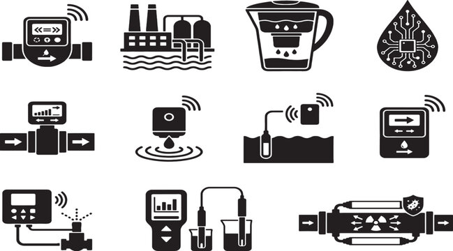 Collection of depicting water management technology and industrial processes water meter factory water filter pitcher