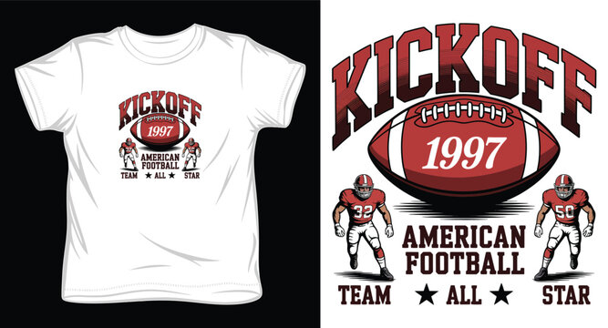American football kickoff 1997 typography with players in stance and ball graphic.