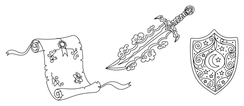 Fantasy scroll with ornate sword and magic moon shield in hand drawn doodle style