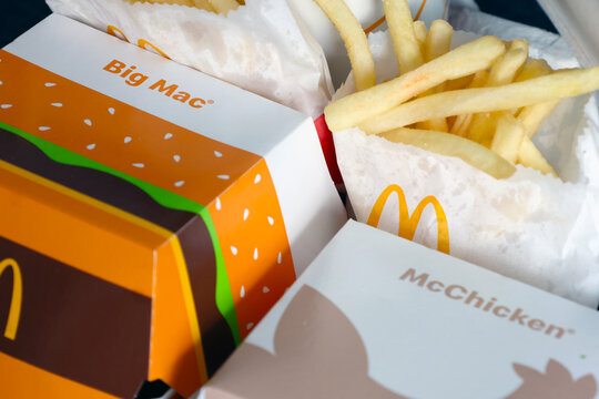 Wroclaw, Poland, April 12, 2026: Fast Food Meal: Big Mac, McChicken, and Fries for Quick Service Dining