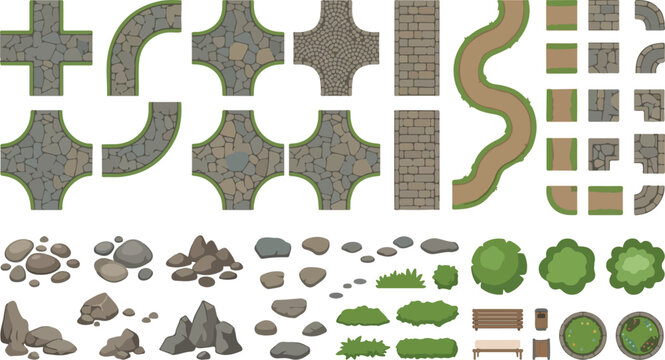 Stone path constructor kit with modular cobblestone roads, garden walkway tiles, landscape rocks and park greenery elements, vector map creator set