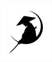 Minimalist samurai warrior silhouette logo with crescent moon and katana. © PRAMITH_C