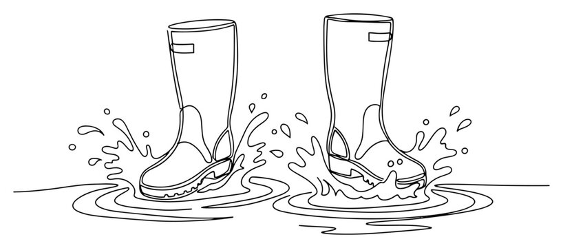 Rubber rain boots jumping in a water puddle with big splashes in minimalist line art style