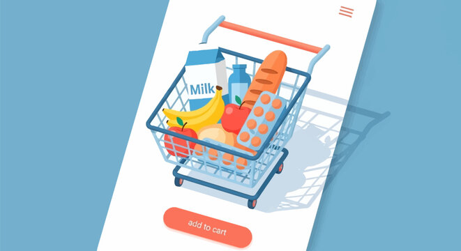 Shopping cart filled with fresh grocery items including milk and bread depicted in a digital style illustration for a mobile application interface designed for online food delivery and retail services