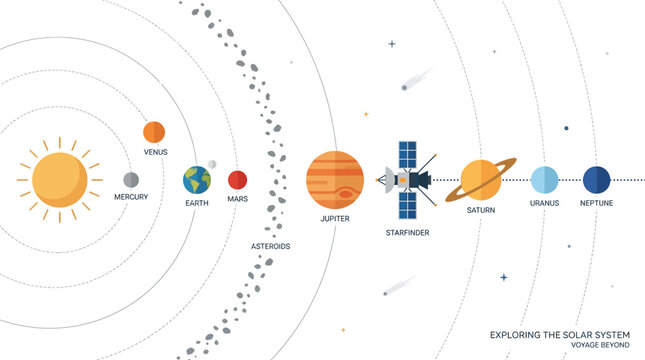 Illustration of the solar system with planets and spacecraft