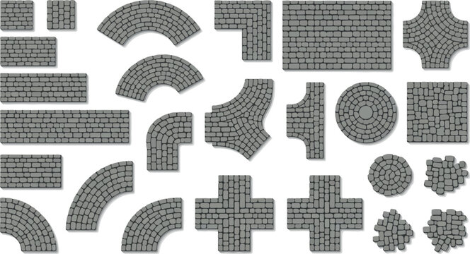 Cobblestone pavement vector set, grey stone paving blocks for landscape design, modular street walkway and garden path elements