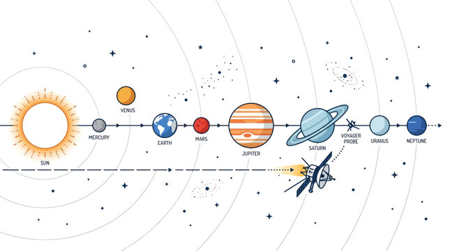 Illustrated Solar System with Planets and Spacecraft in Orbit