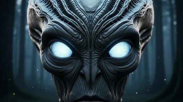 Closeup portrait of an alien creature with glowing blue eyes