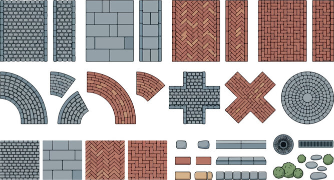 Cobblestone and brick pavement vector set, stone walkway and garden path textures, architectural paving patterns for landscape design and urban planning