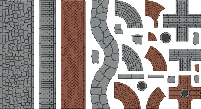 Cobblestone road constructor kit, modular stone pavement and brick walkway vector elements, grey and red street paving tiles for map design