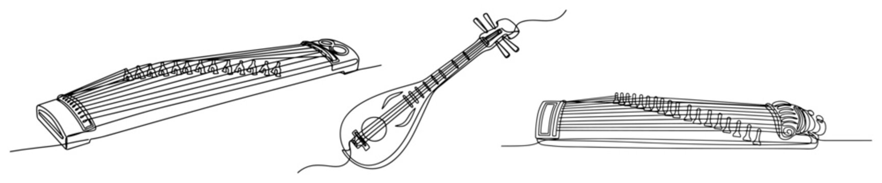 Traditional Asian string instruments including guzheng and pipa in continuous line art style