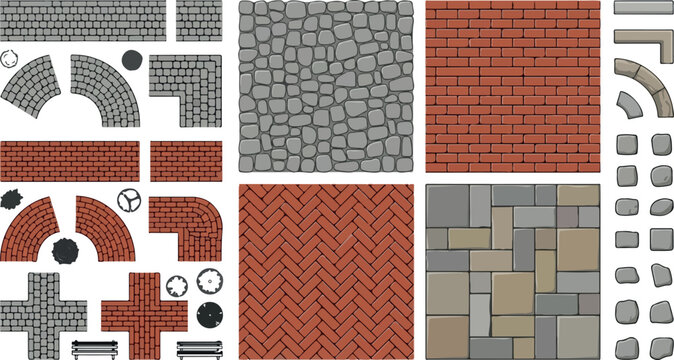 Paving stone vector set with cobblestone patterns, brick walkway textures and sidewalk construction elements, outdoor landscape design materials