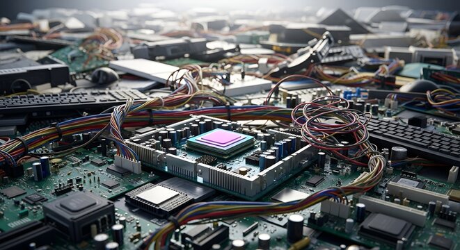 Heap of old computer hardware, electronic waste, obsolete technology, circuit boards, CPU, cables