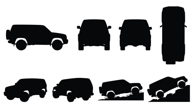 Large SUV and Van Silhouette Set &mdash; Side, Front, Top, Climbing and Multiple Angle Views, Isolated Black Vector