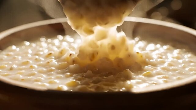 Closeup of steaming hot corn chowder being served from a rustic bowl.