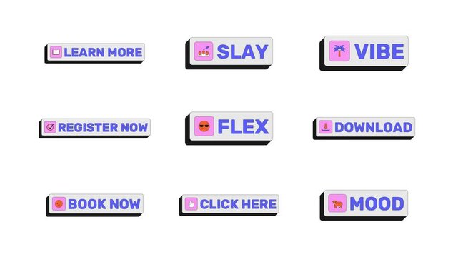 Social media modern clickable buttons animation set. Website register now. Download click here. Slay vibe. Animated UI elements. Web interface call-to-action collection. Colorful micro interactions