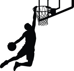 Silhouette of a basketball player dunking the ball into the hoop on a white background Keywords: basketball, player, dunk, slam dunk, hoop © MDZAKARIAHAYAT