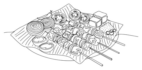 Obraz premium Grilled meat skewers on banana leaf with vegetables in minimalist continuous line art style