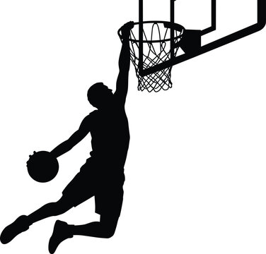 Silhouette of a basketball player dunking the ball into the hoop on a white background Keywords: basketball, player, dunk, slam dunk, hoop