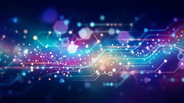 Futuristic digital circuit board with glowing light particles. Abstract background of data flow and cyberspace connectivity for technological interface presentation.