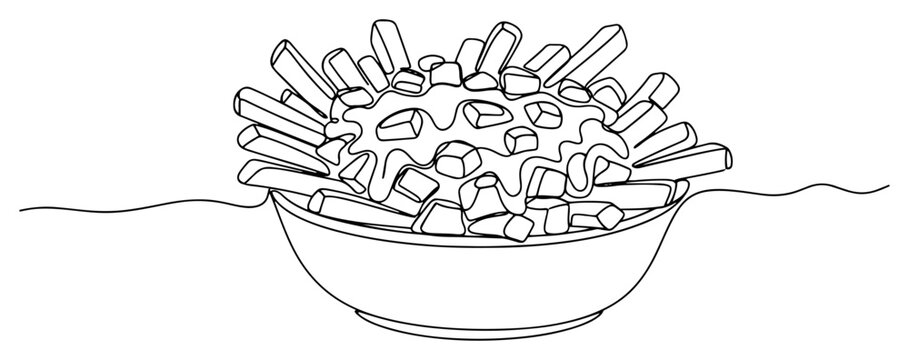 Poutine bowl with french fries and cheese curds in continuous line art style