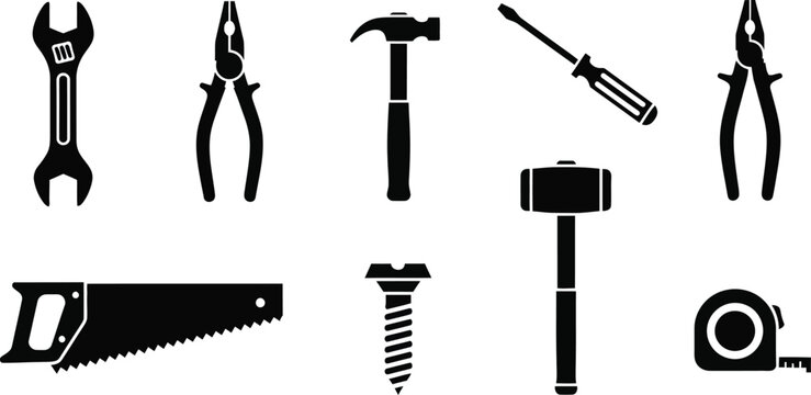 Black silhouette tool set wrenches pliers hammers screwdrivers and measuring tools
