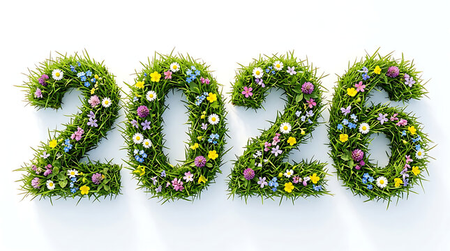 Vibrant representation of the year 2026, artfully crafted from lush green grass and colorful wildflowers, symbolizing environmental growth, renewal, and a promising future
