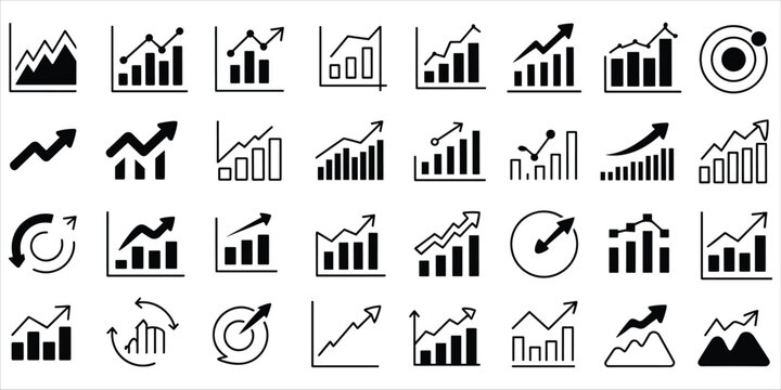 Collection of black and white icons representing business growth and financial charts Keywords: chart, graph, growth, finance, business